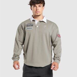 Gymshark Oversized Men's Taupe Long Sleeve Rugby Polo Shirt